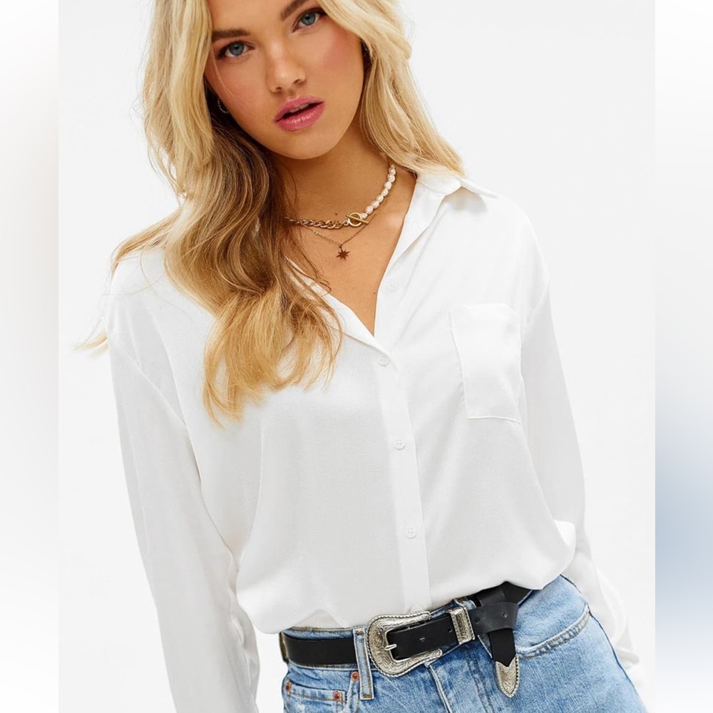 Ivory Pearl Satin Long Sleeve Button Down Top XL